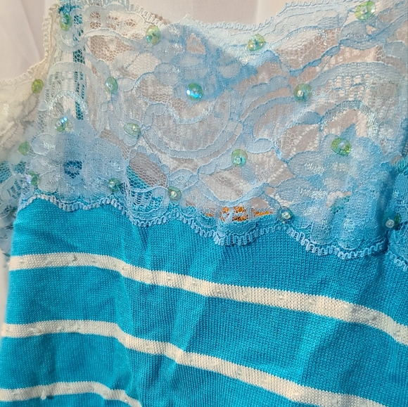 Blue white stripe lace and sequin tank size L by deep Los Angeles - Picture 2 of 4